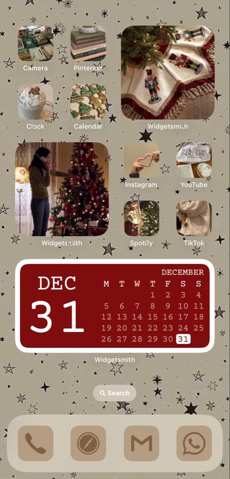 Christmas Aesthetic Lockscreen Iphone, Simple Christmas Aesthetic Wallpaper, Ios 16 Home Screen Ideas Aesthetic Christmas, Aesthetic Christmas Homescreen Layout, Xmas Phone Theme, Ios 16 Home Screen Christmas, Iphone Christmas Theme, Phone Theme Ideas Christmas, Christmas Phone Theme Ideas