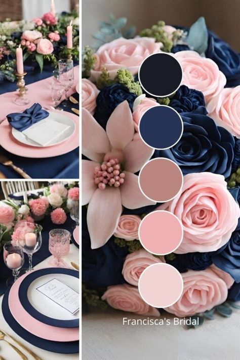 Blue Wedding Color Palette Ideas: 10 Beautiful Blue Wedding Color Ideas - Francisca's Bridal Quinceanera Color Palette, Mixed Shades Of Blue Wedding, Wedding Combination Colors, Pink And Blue Wedding Palette, White Blue And Pink Wedding, Pink Wedding Colour Palettes, Cute Wedding Colors, Wedding Colors With Blue, Wedding Palates