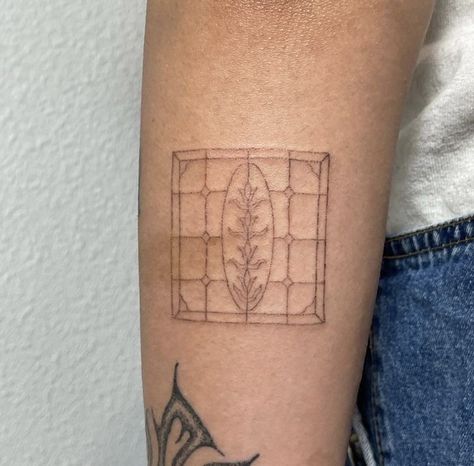 Stained Glass Window Tattoos, Stained Window Tattoo, Stainglass Tattoo Ideas, Stained Glass Window Tattoo Design, Small Window Tattoo, Stained Glass Tattoo Design, Black And White Stained Glass Tattoo, Window Pane Tattoo, Stained Glass Tattoo Black And White