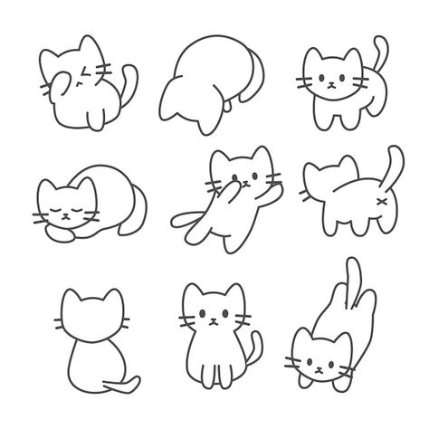 Set of cat poses drawing coloring page | Premium Vector #Freepik #vector #background #pattern #baby #card Cute Basic Drawings, Little Animals Drawings, Cat Illustration Simple, Cute Cat Poses, How To Draw Cat, Cat Poses Drawing, Cute Cat Drawing Doodles, Cat Cute Drawing, Cute Animals Drawings