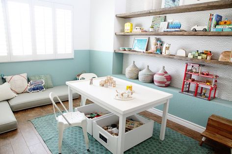 Irene Lovett Shares Her Top Tips On Kids Room Design| Domino Coastal Playroom, Restoration Hardware Teen, Seal Beach California, Fun Desk, Creative Kids Rooms, Small Lounge, Beach Play, Reclaimed Wood Shelves, Seal Beach