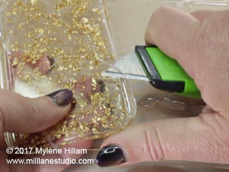 Trim away any over pour or drips with a utility knife. #trimmingresin #resindrips #resinvideo #milllanestudio #epoxyresin Resin Phone Cover Design, Resin Phone Cover, Resin Techniques, Diy Resin Phone Case, Resin Phone Case, Leaf Case, Diy Jewellery Designs, Resin Crafts Tutorial, Phone Cover Design