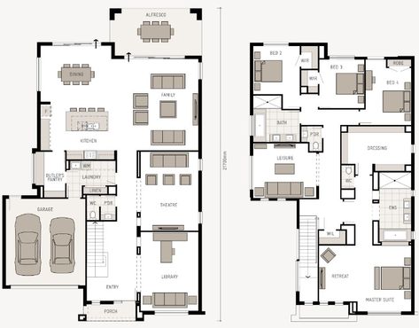 Perfect floor plan. Downstairs and upstairs master is perfect. I think 3 bedrooms instead of 4 would better though. Upstairs Layout Floor Plans, Double Storey Floor Plans, Upstairs Layout, House Upstairs, Double Storey House Plans, Bedroom Upstairs, Pool House Designs, Double Storey House, Garage Laundry