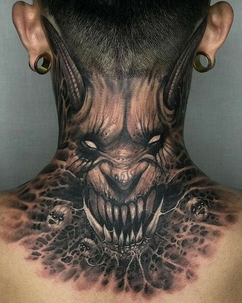 Tato 3d, Tattoo Generator, Satanic Tattoos, Skull Hand Tattoo, Throat Tattoo, Evil Tattoos, Devil Tattoo, Back Of Neck Tattoo, Scary Tattoos