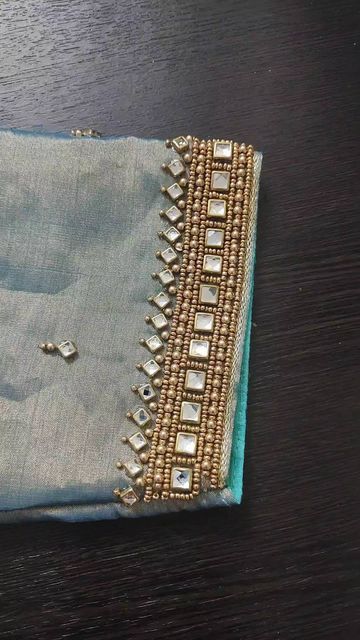 Beeds Work Aari Design Simple, Nami Hairstyles, Simple Stone Work Blouse, Simple Stone Work Blouse Designs, Stone Work Blouse Designs, Blouse Hand Work, Gold Blouse Designs, Stone Work Blouse, Simple Blouses