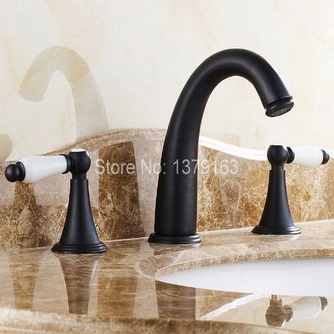 Black Oil Rubbed Brass Dual Ceramics Levers Handles Widespread 3 holes Bathroom Vessel Sink Faucet Cold/Hot Water Tap anf316 Rubbed Bronze Bathroom, Basin Sink Bathroom, Bronze Bathroom, Finished Bathrooms, Bathroom Sink Taps, Vessel Sink Faucet, Sink Mixer Taps, Brass Bathroom, Vessel Sink Bathroom