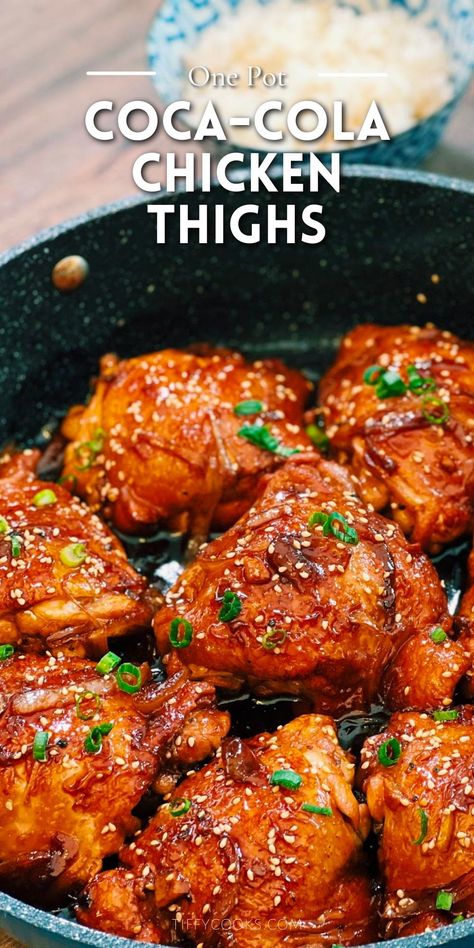 The chicken is tender, and the glaze is a perfect balance between sweet and savory. Coca-Cola Chicken Thigh is an easy one-pot dinner recipe perfect for a weeknight dinner that everyone will love. Honey Soy Chicken Thighs, Munchkin Time, Cola Chicken, Honey Soy Chicken, Chicken Thighs Recipes, Chicken Thighs Recipe, Soy Chicken, Thighs Recipe, Chicken Thigh Recipes Oven