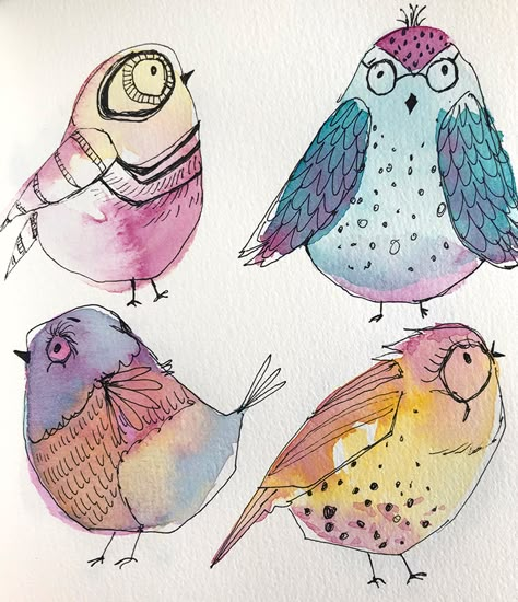 the pocket doodler | Créations CeeCee sur Patreon Watercolor And Ink Doodles, Watercolor And Doodle Art, Whimsical Birds Drawing, Watercolor And Acrylic Painting, Whimsical Watercolor Paintings, Ink And Watercolor Art Ideas, Cute Birds Drawing, Kids Watercolor Painting Ideas, Pen And Ink Drawings With Watercolor