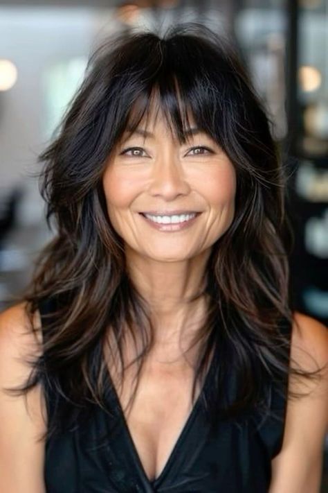 Medium Women’s Hairstyles, Hairstyles For Medium Length Hair With Long Bangs, Layered With Bangs Long Hair, Heavy Layered Shag, Long Shag Haircut Fine Hair Over 50, 50 Long Hair Over 50, Long Bob Hairstyles With Bangs Over 40, Modern Bangs Medium Hair, Long Hair With Bangs For Women Over 50