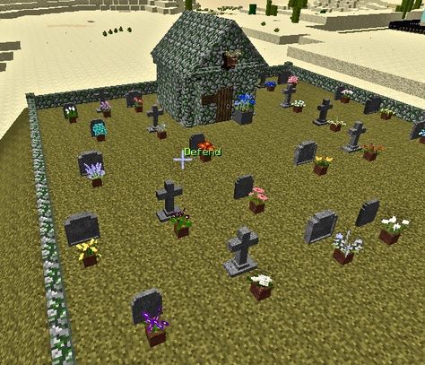 Graveyard with mausoleum Minecraft Grave Stone Ideas, Grave Yard Minecraft, Cemetery Minecraft Ideas, Minecraft Graveyard Ideas, Minecraft Gravestone, Minecraft Graveyard, Cemetary Ideas, Minecraft Building Blueprints, City Decor