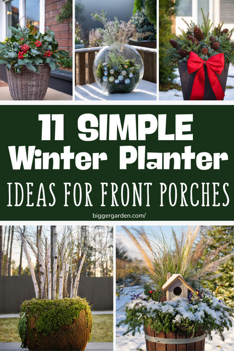 11 Simple Winter Planter Ideas to Brighten Your Outdoors Winter Urn Planter Ideas, Decorating Planters For Christmas, Winter Front Porch Planter Ideas, Large Winter Planters Outdoor, Outdoor Winter Planters Front Porches, Holiday Planter Ideas, Christmas Porch Planter Ideas, Christmas Front Porch Planters, Winter Porch Planter Ideas