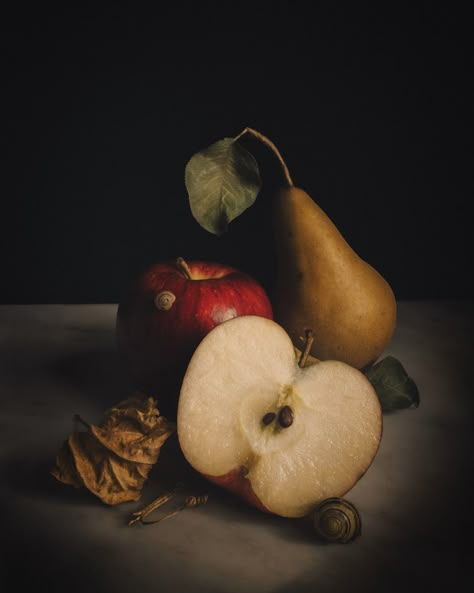 moody still life photography of apples, pear, and snails. Urban Still Life, Fall Still Life Photography, Still Life References, Still Life Photography Fruit, Fall Still Life, Aesthetic Objects Photography, Weird Still Life Photography, Still Life Composition, Still Life Photography Ideas