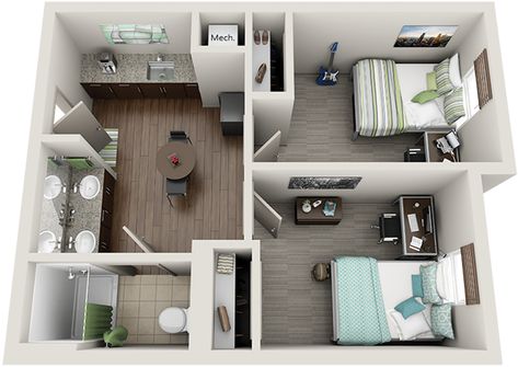 This is an example of a 2 bedroom suite in one of the dorms from Woodland I found online.  1. Can there be 3 bedrooms? 2. Is the kitchen a good size to be in? 3. Can friends and family visit the dorms? 4. Do students have to buy their own food? 5. What rules and regulations have to be followed when staying in a dorm? Dorm Layout, Dorm Room Layouts, Roommate Rooms, University Dorms, Dorm Kitchen, Student Dorm, Dorm Design, Student Apartment, Girls Dorm Room