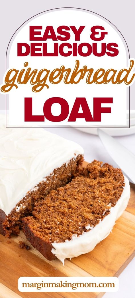 Skip the messy gingerbread houses this year and make a delicious gingerbread loaf instead! The cream cheese frosting is the perfect companion for this spiced loaf cake. Enjoy a quintessential Christmas dessert the easy way! Ginger Bread Loaf Recipes, Christmas Loaf Cakes, Ginger Bread Loaf, Ginger Loaf Cake, Spice Loaf, Ginger Loaf, Maple Cream Cheese Frosting, Gingerbread Loaf, Maple Cream Cheese