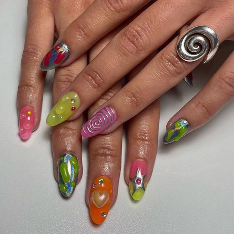 Nails Inspiration Funky, Artsy Almond Nails, Nail Designs Maximalist, Salome Andrea Nails, 0.5 Nail Pics, Eclectic Nail Art, Maximalist Nail Art, Funky Gel Nails, Funky Acrylic Nails