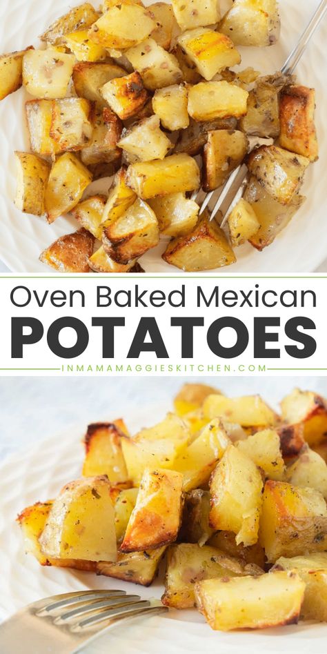 Brighten up your Thanksgiving side dish recipe with Oven-Baked Mexican Potatoes! This simple Mexican side dish features diced potatoes perfectly paired with a grilled chicken or ground beef. Deliciously easy, try these breakfast potatoes and delight your guests! Mexican Smashed Potatoes, Thanksgiving Food List, Mexican Side Dish, Traditional Mexican Breakfast, Mexican Potatoes, Taco Side Dishes, Mexican Side, Traditional Thanksgiving Recipes, Thanksgiving Side Dishes Easy