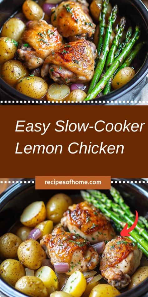 This super easy Slow-Cooker Lemon Chicken is packed with zesty lemon flavor and loads of garlic! Plus, it’s a one-pot meal—potatoes and veggies cook right in the crockpot with the bone-in chicken thighs. 🍋🍗 #ChickenThighs #SlowCooker #CrockpotMeals #LemonChicken #EasyDinners #OnePotMeals #ComfortFood Lemon Pepper Whole Chicken Crockpot, Crockpot Lemon Chicken And Potatoes, Slow Cooked Lemon Chicken, Slow Cooker Lemon Chicken And Potatoes, Lemon Garlic Butter Chicken Crockpot, Crock Pot Greek Chicken Slow Cooker, Crockpot Meals With Chicken Thighs, Lemon Chicken Thighs Crockpot, Chicken Thighs Crockpot Healthy