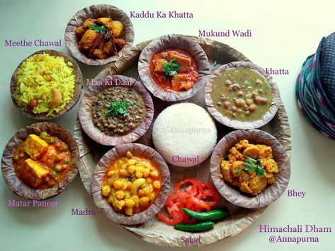 Dham is a traditional vegetarian festive meal of the Indian state of Himachal Pradesh. It is a mid-day meal prepared on auspicious occ... Himachal Pradesh Food, Himachali Wedding, Himachali Dham, Mid Day Meal, Veggie Crackers, Food Recipes Vegetarian, Jeera Rice, Meals Ideas, India Map