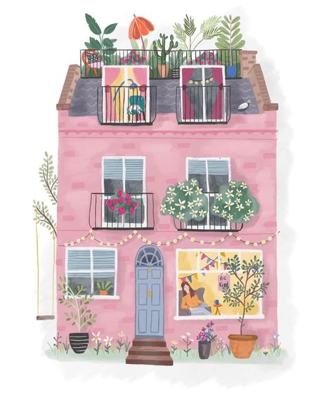 Set Design Theatre, Procreate Tutorial, Colourful Buildings, Pink House, Pink Houses, Landscape Illustration, Plant Art, Pretty Pictures, Etsy Australia