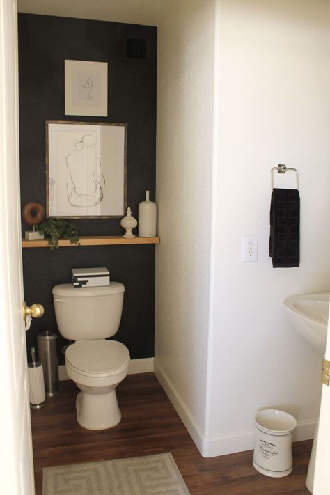 $50.00 Powder Room Makeover Reveal L Shaped Powder Room Ideas, L Shape Powder Room, L Shaped Powder Room, Small Water Closet Ideas Toilet Room, Accent Wall Behind Toilet, Wall Behind Toilet, Beach House Laundry Room, Water Closet Decor, Budget Powder Room