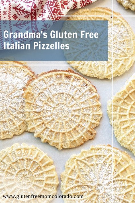 Gluten Free Pizzelle Recipe, Gluten Free Italian Cookies, Pizzelle Recipes, Flourless Desserts, Pizzelle Cookies, Pizzelle Recipe, Gluten Free Christmas Cookies, Gf Cookies, Gluten Free Italian