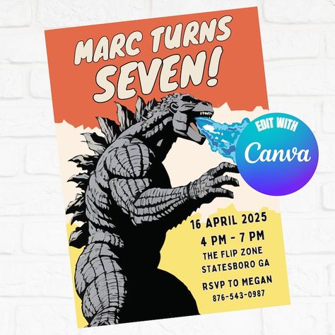 Godzilla Invitation, Godzilla Birthday Invitation, Godzilla Invite, Kid Invite, Editable Template, Editable Canva Godzilla Invitations, Godzilla Birthday, Canva App, Electronic Invitations, Office Max, Digital Invitation, Usb Stick, Digital Invitations, Godzilla