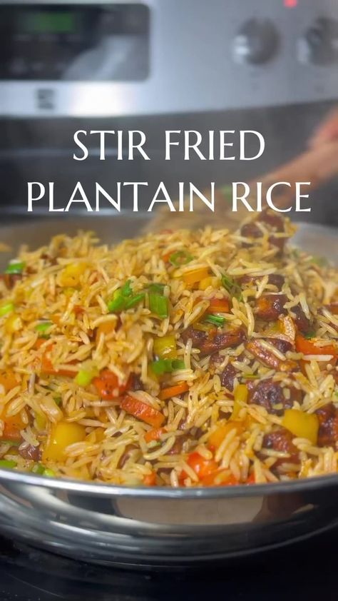 Stir Fried Plantain Rice. 📹:dishes_by_q | Dinewithus Rice And Plantains, Plantain Rice, Fry Plantains, Healthy Fried Plantains, Nigerian Rice, Plantain Curry Vegan, Ribwort Plantain, Fried Plantain, African Recipes Nigerian Food