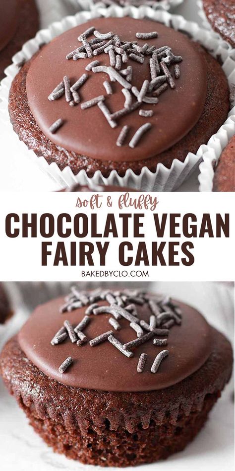 two images of vegan chocolate fairy cakes Chocolate Fairy Cakes, Water Icing, Cakes With Icing, Vegan Cupcake, Chocolate Water, Vegan Baking Recipes, Spring Fair, Sponge Cakes, Vegan Cake Recipes