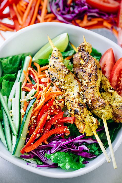 Thai Chicken Satay Salad | thecozyapron.com Satay Salad, Thai Chicken Satay, Big Salads, Clinical Nutrition, Grilled Chicken Skewers, Peanut Dressing, Chicken Satay, Big Salad, Thai Chicken