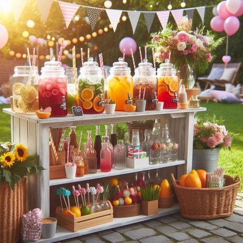 Parties Summer Party Bar Set Up, Summer Bbq Set Up, Trough Drink Station, Garden Party Ideas For Adults Backyards, Hot Drink Bar Wedding, Non Alcoholic Drink Bar Wedding, Drink Booth Design, Self Serve Drink Station Wedding, Summer Garden Birthday Party