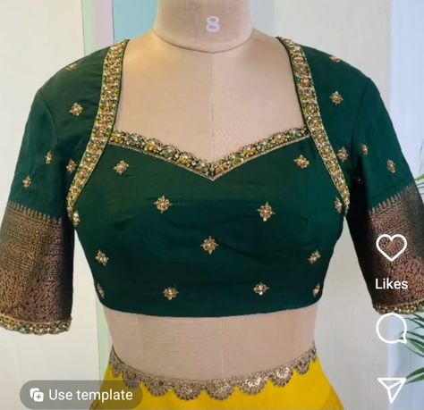 Green Traditional Blouse Designs, Aari Work On Self Designed Blouse, Blouse Design For Green Blouse, Blouse Design For Wedding Saree, Blouse Neck And Back Design, Neck Designs For Blouse Front And Back, New Blouse Designs Maggam Work, Latest Silk Blouse Designs Pattern, Back Work Blouse Designs Latest