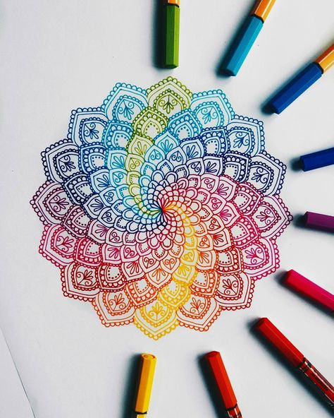 318 Likes, 31 Comments - @mavrones on Instagram: “rainbow mandala ❤️ . . . #mandala #mandalas #art #artwork #zentangle #zendoodle #zentangleart…” Full Page Mandala Art Colourful, Rainbow Mandala Drawing, Mandala Art Simple Colourful, Rainbow Mandala Art, Mandala Art Design Colour, Nature Mandala Drawing, Mandala Watercolor, Mandala Colorful, Colourful Mandala