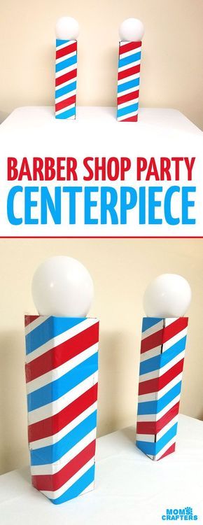 Make this barber shop pole centerpiece for you haircut party! This cool barber shop party decor idea is easy to make, mess-free, and uses recycled materials and is a great, easy upcycled cardboard box craft idea! Barber Shop Decor Ideas, Cool Barber Shop, Barber Ideas, Barbershop Ideas, Barber Shop Pole, Post Prom, Diy Locker, Diy Wainscoting, Barbershop Design