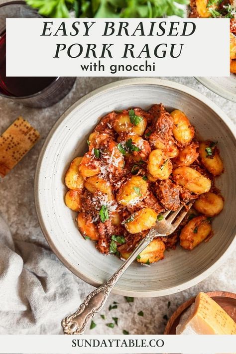 This pork ragù with gnocchi is one of my all time favorite pasta recipes! The ragù has red wine-braised pork shoulder, garlic, fresh herbs, and parmesan for a flavorful sauce to serve over potato gnocchi. You can also serve it over pappardelle, penne, or creamy polenta. The sauce can be made in the oven or the slow cooker if you want a hands-off dinner. Make this pork pasta sauce for a dinner party, the holidays, or Sunday dinner - it's a huge crowd-pleaser. This ragù pasta is the absolute best! Braised Pork Ragu, Braised Pork Shoulder, Slow Cooker Pork Roast, Pork Ragu, Favorite Pasta Recipes, Slow Cooker Roast, Shredded Pork, Braised Pork, Braised Beef