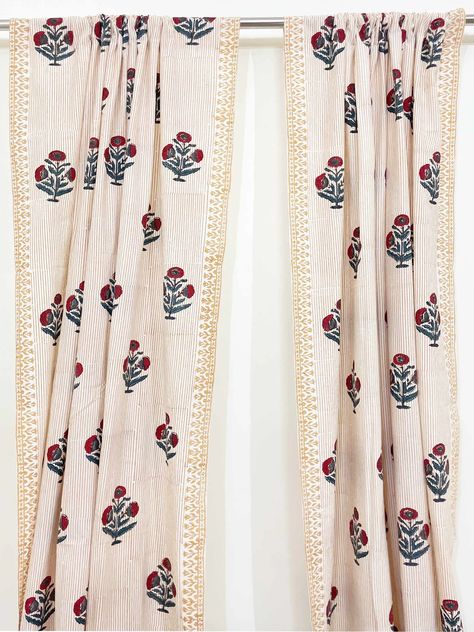 Amber Lewis For Anthropologie Rowena Curtain, Block Print Curtains Living Room, Red And White Curtains, Blue Poppy Flower, Cabin Addition, House Scotland, Printed Cotton Curtain, Patterned Curtains, Summer Curtains