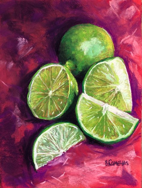 8x6 Pastel on Gatorbord primed with pumice and an alcohol wash #limesstilllife #limes #citrus #limeslices Lime Acrylic Painting, Lime Paintings, Lime Drawings, Recipe Collage, Citrus Painting, Heavy Paint, Lime Art, Clown Art, Castle Painting