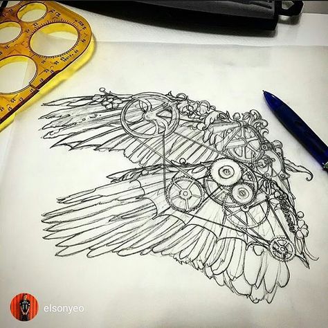 Outstanding ink from @elsonyeo  #Productiveinsomnia last night!! #tattoosketch of an #überdetailed #Steampunk #wings contraption comprising of Two Pairs of #Wings for Diana!! ;) stoked!! #art #illustration #drawing #draw artist #sketch #sketchbook #paper #pen #pencil #artsy #instaart #beautiful #instagood #gallery #masterpiece #creative #photooftheday #instaartist #graphics #artoftheday Steampunk Wings Tattoo, Mecha Wings, Copenhagen Tattoo, Punk Illustration, Steampunk Wings, Punk Man, Ink Pen Art, Wing Tattoo Designs, Art Guide