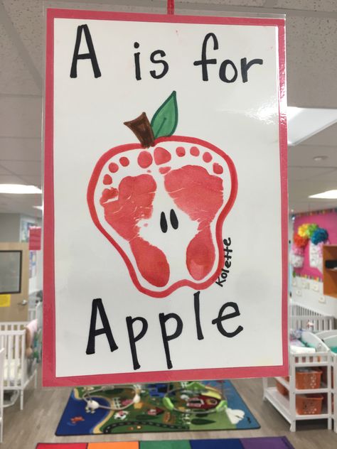 Apple Feet Print, A Is For Footprint, A Is For Apple Handprint, Footprint Apple Craft, Apple Daycare Crafts, Apple Crafts For One Year Olds, Letter A Crafts For Infants, Letter A Footprint Art, Apple Art For Infants