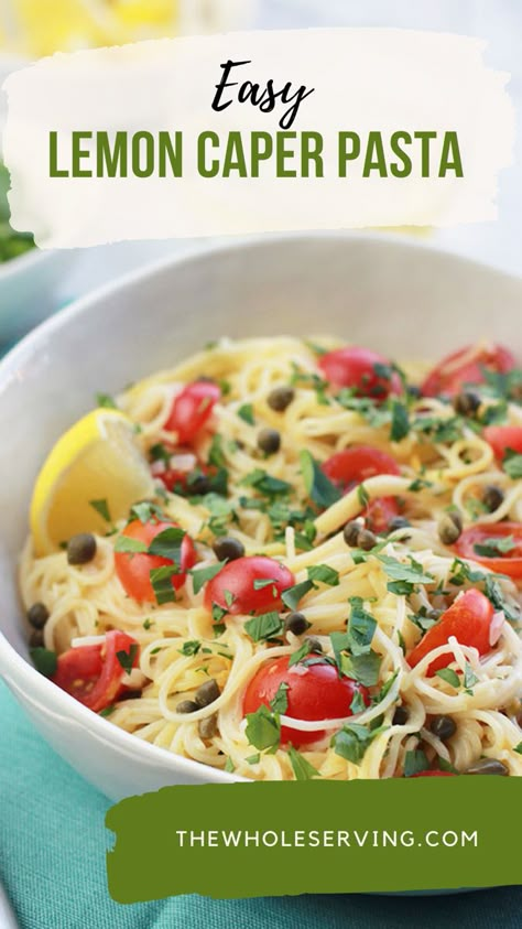 Overhead shot of lemon caper pasta in a white bowl on a blue napkin and a fork to the left of the bowl. Tomato Caper Pasta, Recipes With Capers Healthy, Capers Pasta, Lemon Caper Pasta, Pasta With Grape Tomatoes, Pasta With Capers, Pasta Lemon, Capers Recipe, Lemon Pasta