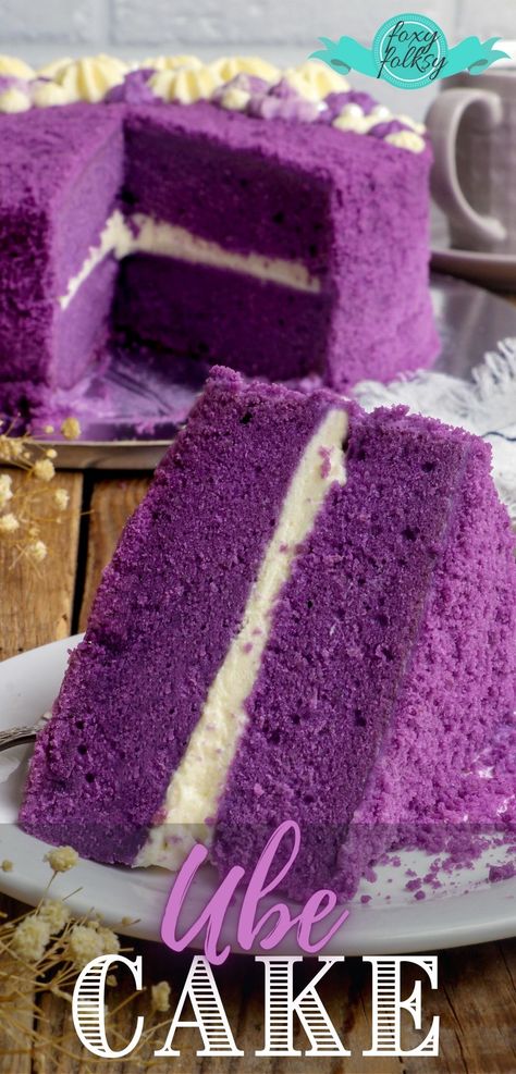 Top off your celebrations with this heavenly Ube Cake! Soft and fluffy cake blanketed with a velvety tangy, ube-flavored cream cheese frosting and covered with ube-flavored crumbs. Festivities would surely be livelier and more colorful with this on your table. Ube Jam, Ube Cake, Foxy Folksy, Ube Recipes, Whiskey Cake, Inside Cake, Filipino Food, Cake Images, Cake Frosting