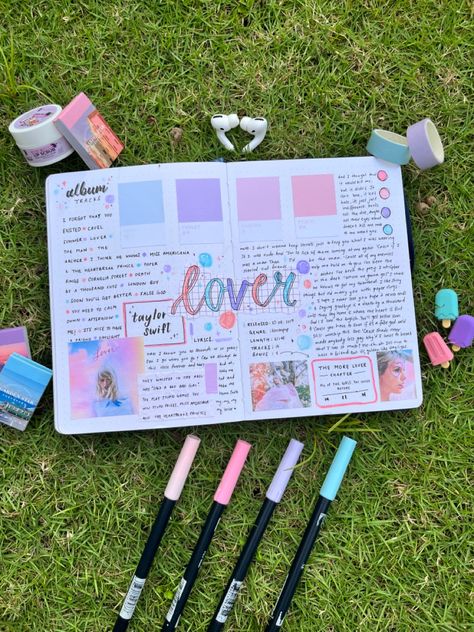 Taylor Swift Aesthetic Scrapbook, Lover Album Journal, Taylor Swift Love Story Drawing, Taylor Swift Album Journal Ideas, Taylor Swift Lover Scrapbook, Taylor Swift Stuff To Draw, Taylor Swift Album Journal, Lover Journal Taylor, Taylor Swift Sketchbook Page