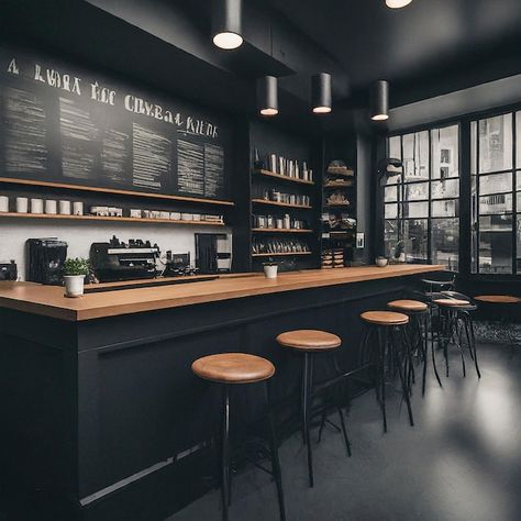 Minimalist Industrial Cafe Interior Design, Industrial Coffeshop, Black Restaurant Interior Design, Black Restaurant Interior, Black Cafe Aesthetic, Industrial Design Interior Cafe, Moody Coffee Shop, Coffee Shop Counter Design, Industrial Coffee Shop Design