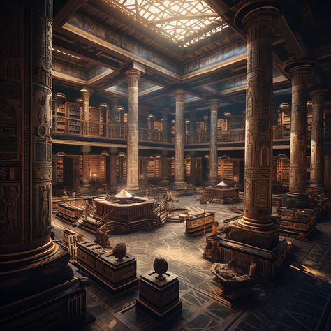 Ancient Library Of Alexandria, Ancient Library Fantasy Art, Ancient Library Aesthetic, Alexandrian Library, Egyptian Library, Roman Library, Ancient Futurism, Ancient Libraries, Babylon City