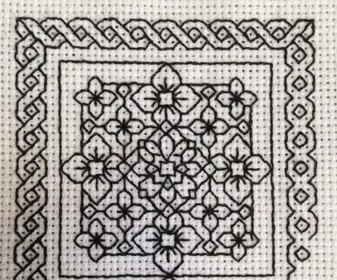 Black Work Stitch Patterns, Free Blackwork Patterns, Celtic Blackwork, Blackwork Bookmark, Blackwork Stitches, Holbein Stitch, Elizabethan Blackwork, Blackwork Flowers, Blackwork Embroidery Designs