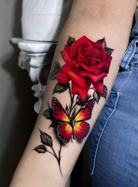 Tattoo Of Butterflies, All Tattoos For Women, Colorful Rose Tattoos For Women, Color Rose Tattoos, Bright Color Tattoos For Women, Rose And Heart Tattoo, Roses And Butterfly Tattoo, Heart Butterfly Tattoo, Rose Tattoo Color