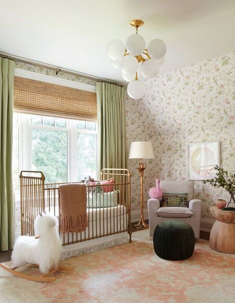 In Sage’s bedroom, soft surfaces and pale colors are complemented by pretty wallpaper and a sleek brass ceiling fixture. | Photographer: Alex Lukey | Designer: Hali MacDonald, Architecture by Gren Weis Architect & Associates Bubble Design, Nursery Room Design, Girl Nursery Room, Baby Room Inspiration, Nursery Room Inspiration, Entryway Kitchen, Baby Room Design, Nursery Baby Room, Nursery Wallpaper