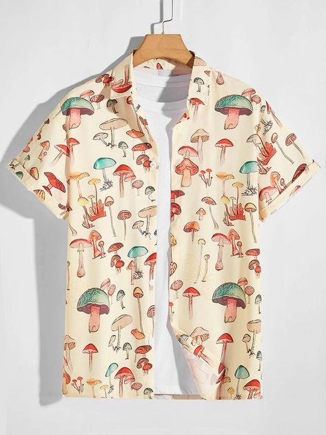 Men Mushroom Print Button Up Shirt | SHEIN USA Mushroom Outfit, Funky Shirts, Printed Shirts Men, Mushroom Print, Cool Buttons, Men Shirts, The Men, Shein Style, Button Up Shirt