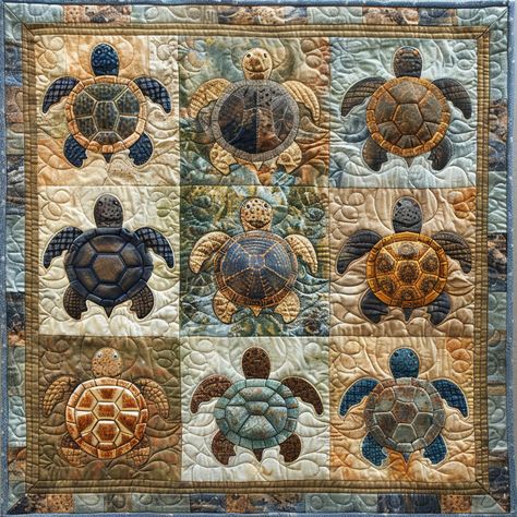 Turtle Quilt Block Pattern Free, Turtle Quilt Pattern, Sea Turtle Quilts, Coastal Quilts, Diy Quilting, Sew Crafts, Ocean Quilt, Turtle Quilt, Turtle Watercolor