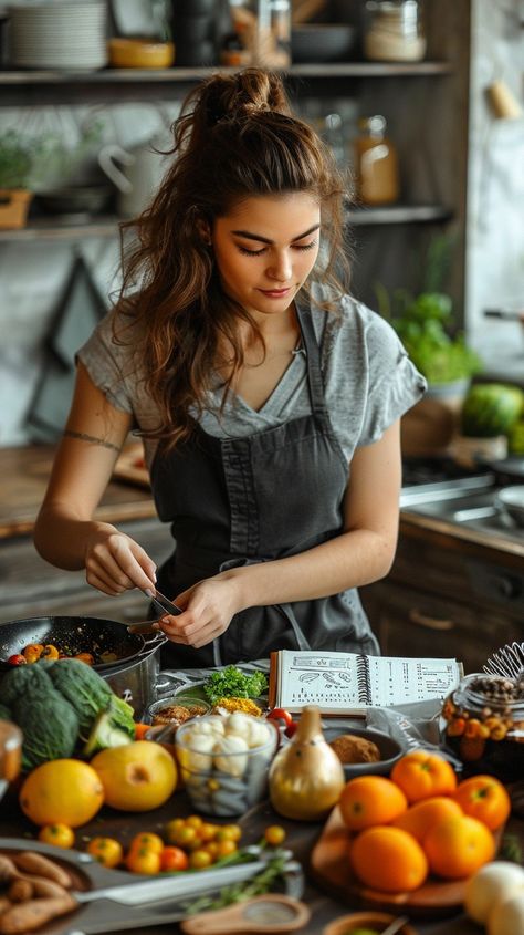 Cooking Fresh Meal: A young woman attentively prepares a nutritious dish using fresh vegetables and fruits in a rustic kitchen. #cooking #kitchen #vegetables #fruits #woman #aiart #aiphoto #stockcake ⬇️ Download and 📝 Prompt 👉 https://stockcake.com/i/cooking-fresh-meal_957338_800667 Cooking Moodboard, Cooking Aesthetic Photography, Chef Cooking Photography Kitchens, Woman Cooking Aesthetic, Chef Cooking Photography, Chef Aesthetic, People Cooking, Cooking Icon, Fresh Meal