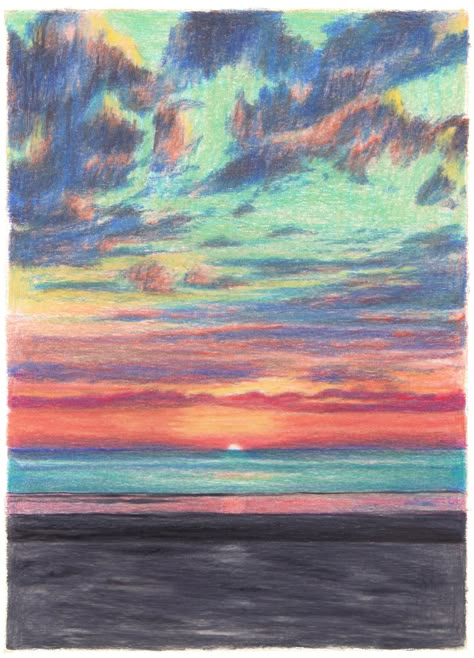 clement thoby Sunset Colored Pencil Drawing, Sketches With Colour Pencils, Sky Color Pencil, Color Pencil Illustration Simple, Drawings With Color Pencils, Colored Pencil Sunset, Color Pencil Art Landscape, Color Pencil Art Drawings, Landscape Colored Pencil